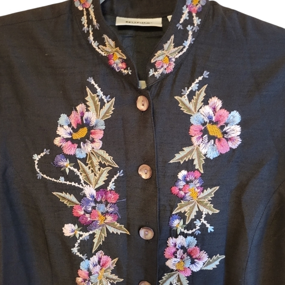 Units Silk Duster Jacket Mandarin Collar Embroidered Mother Pearl Buttons Boho - Picture 12 of 13